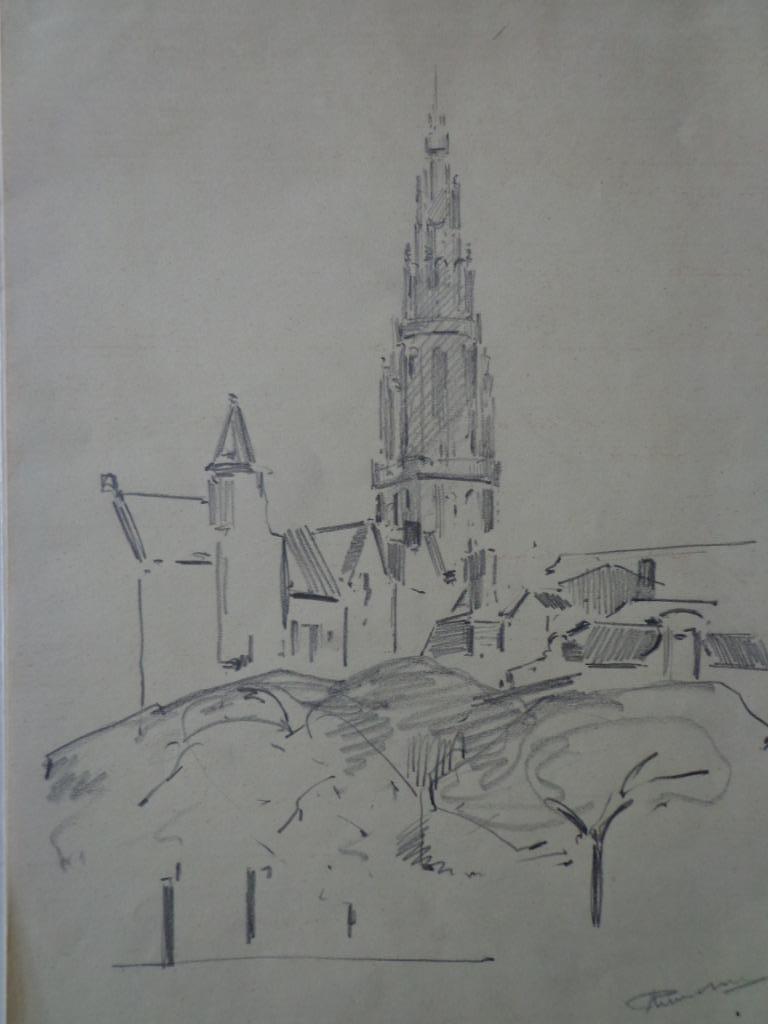 potloodtekening gezicht van de kathedraal te Antwerpen, Antiek en Kunst, Ophalen of Verzenden