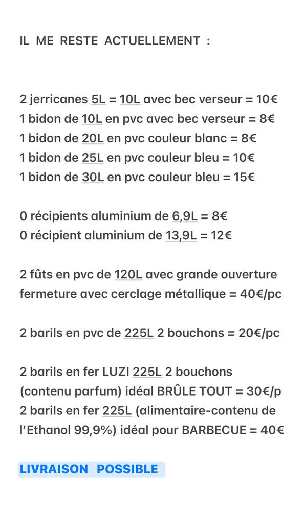 Bidons 5L - 10L avec bec verseur, Baril fer 225L, Enlèvement ou Envoi