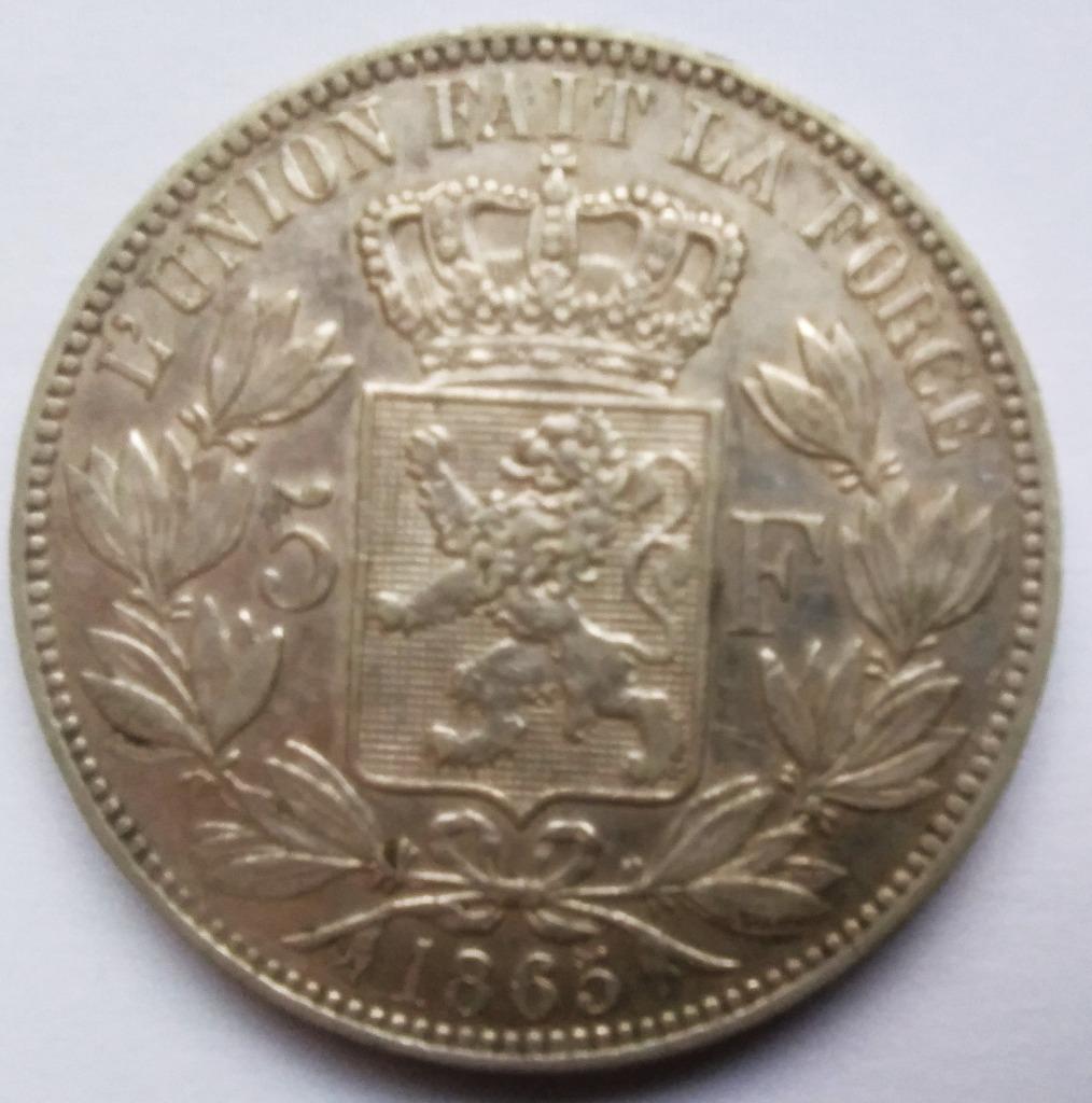 Belgique 5 francs 1865 Leopold 1 - 90% argent, Enlèvement ou Envoi, Argent, Argent