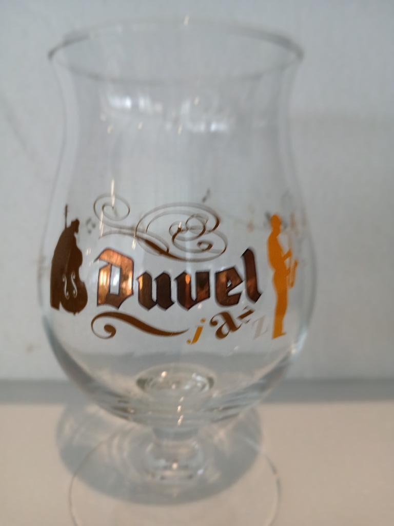 Old DUVEL JAZZ contrabassaxo staand glas, Verzamelen, Ophalen of Verzenden, Zo goed als nieuw, Glas of Glazen, Duvel