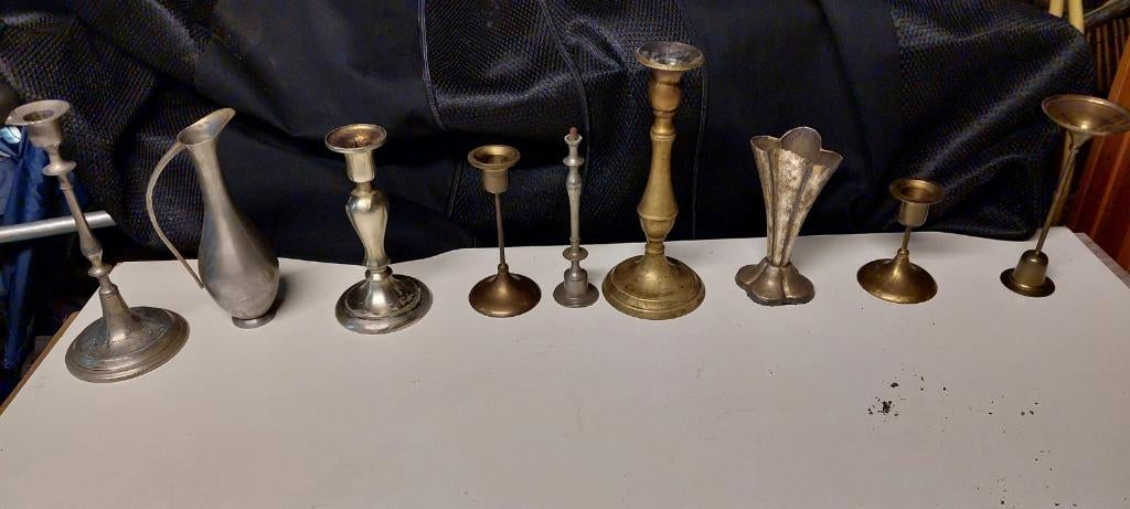 Antieke kandelaars (messing & tin) – set Vintage, Antiek en Kunst, Ophalen of Verzenden, Overige materialen