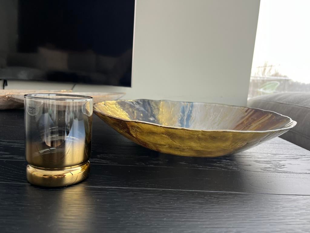 Decoratieve schaal in glas nieuw met bijpassende kaarshouder, Ophalen, Nieuw, Glas, Schaal