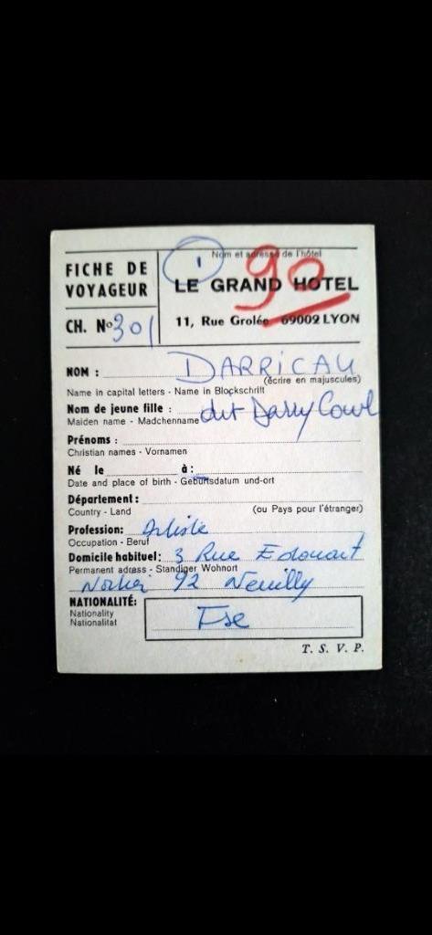 Zeldzame handtekening gesigneerd DARRICAU alias Darry Cowl, Ophalen of Verzenden, Gebruikt, Gesigneerd