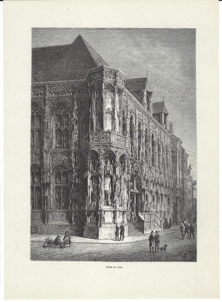 1880 - het stadhuis van Gent, Antiek en Kunst, Kunst | Litho's en Zeefdrukken, Ophalen of Verzenden
