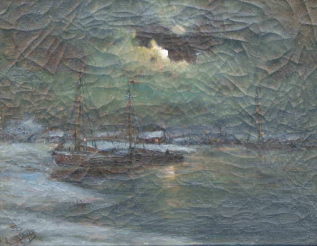 Romain Steppe (1859-1927): Rivierzicht bij nacht (63x53cm), Antiek en Kunst, Ophalen of Verzenden