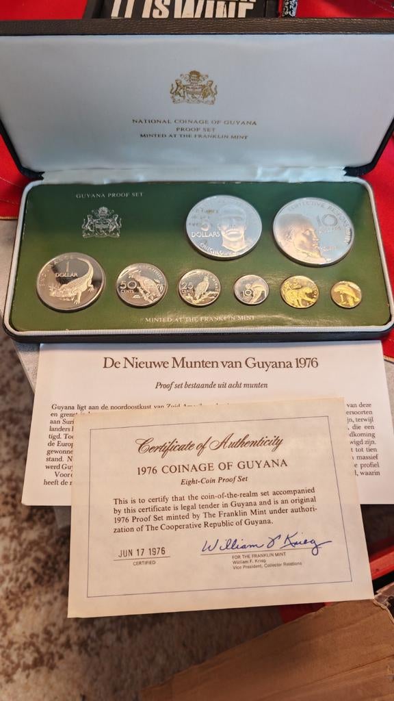 Guyana,Complete set coins 1976,silver large +certificate, Enlèvement ou Envoi, Amérique du Sud, Série, Argent