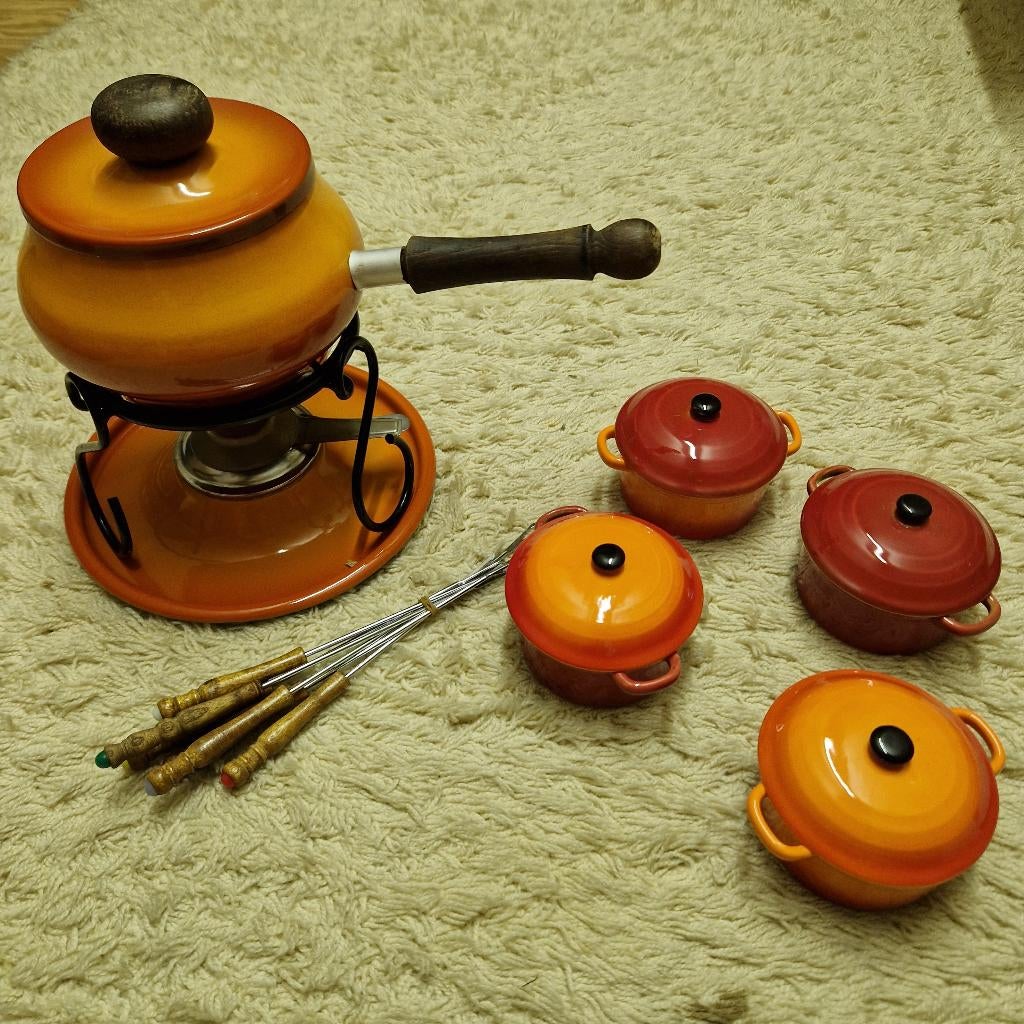 vintage fonduestel met vorkjes en bijhorende potjes, Ophalen of Verzenden