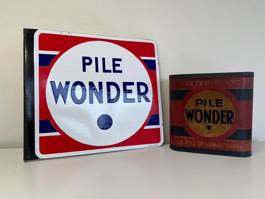 Enseigne publicitaire émaillée PILE WONDER, Enlèvement ou Envoi, Utilisé, Panneau publicitaire