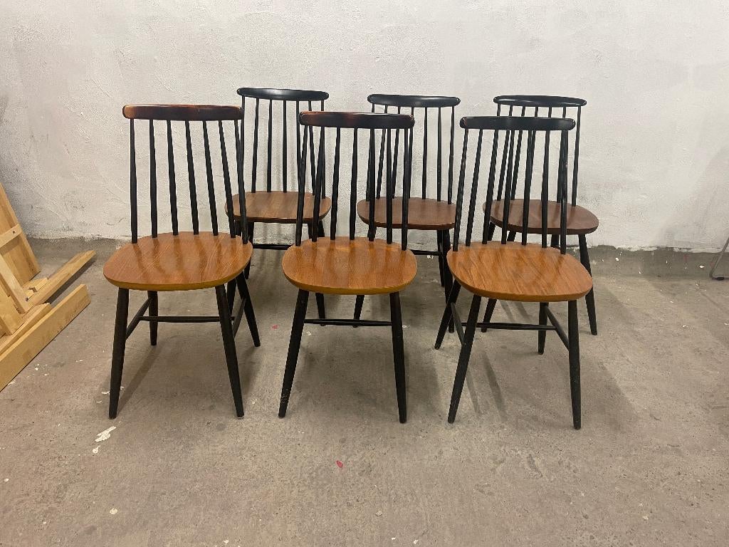 6 vintage Fanett stoelen van Ilmari Tapiovaara, Vintage, Brun, Enlèvement, Bois