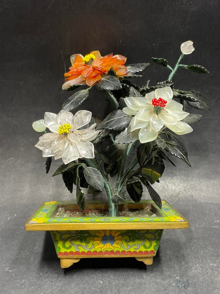 Antieke Chinese jade bonsaiboom in eenbloempot van cloisonné, Ophalen of Verzenden