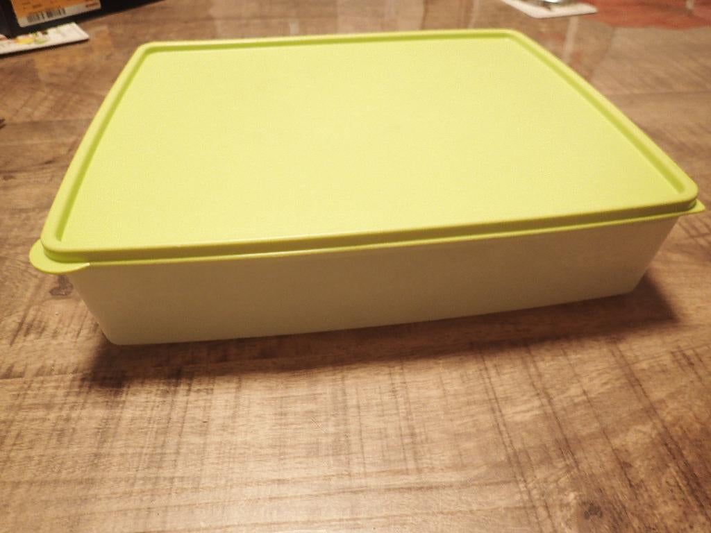 Tuperware diepvriesdoos groot vierkant geel/groen, Ophalen of Verzenden, Zo goed als nieuw, Groen, Bus of Trommel