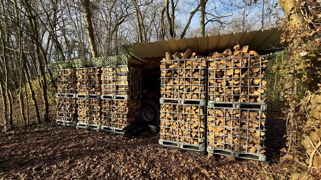 Mix van eik, kastanje, berk, mast…. In IBC kooi, Tuin en Terras, 6 m³ of meer, Ophalen, Overige houtsoorten, Blokken