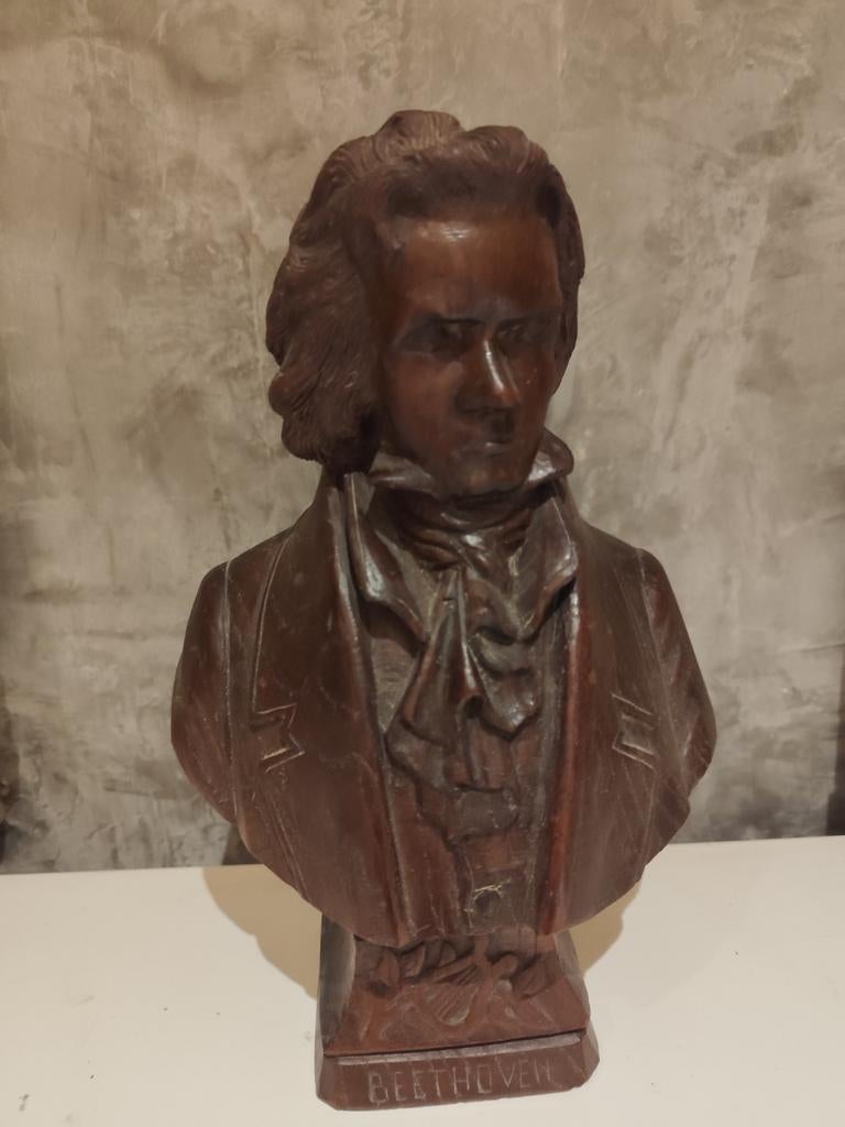 oude buste van Beethoven - Handgesneden massief hout -, Antiek en Kunst, Ophalen of Verzenden