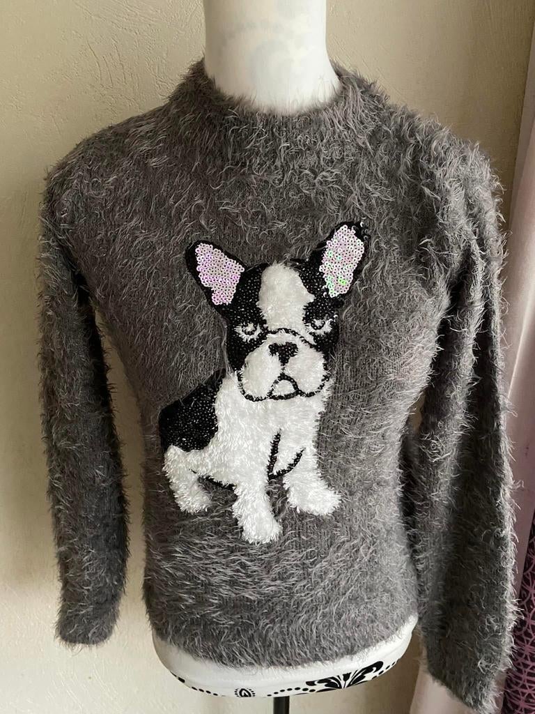 Pull motif chien  brodé + sequins  Taille 146/152, Enlèvement ou Envoi, Comme neuf