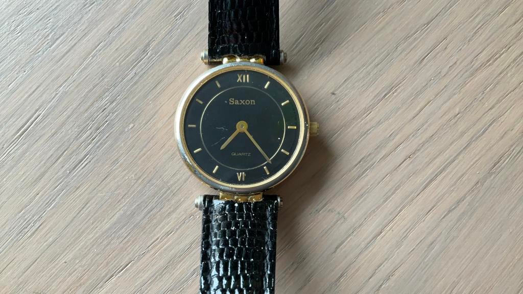 Saxon vintage horloge 5 mic, vergulde plaat 23 k, Overige merken, Polshorloge, Ophalen of Verzenden, Leer