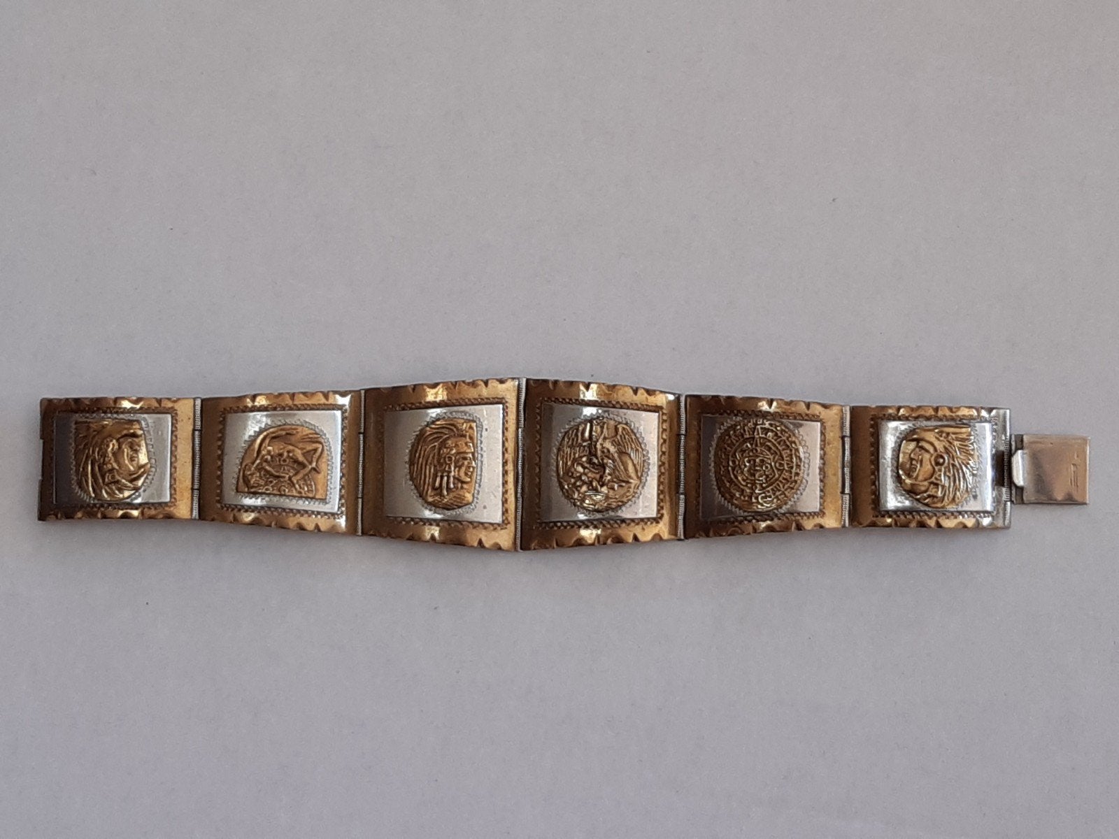 VINTAGE 925 STERLING ZILVER & GOUD TAXCO PANEL ARMBAND, Ophalen, Zilver, Armband, Verguld