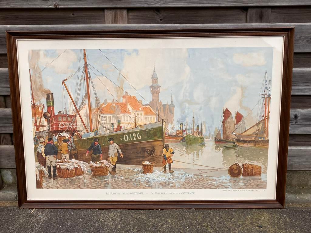 chromolitho Henri Cassiers. De visschershaven van Oostende, Antiek en Kunst, Ophalen