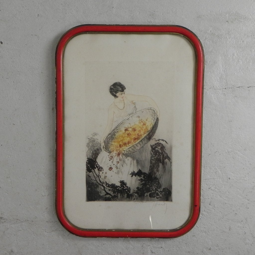 Litho Jean Hardy met dame en bloemen Louis Icart, jaren 20, Ophalen of Verzenden
