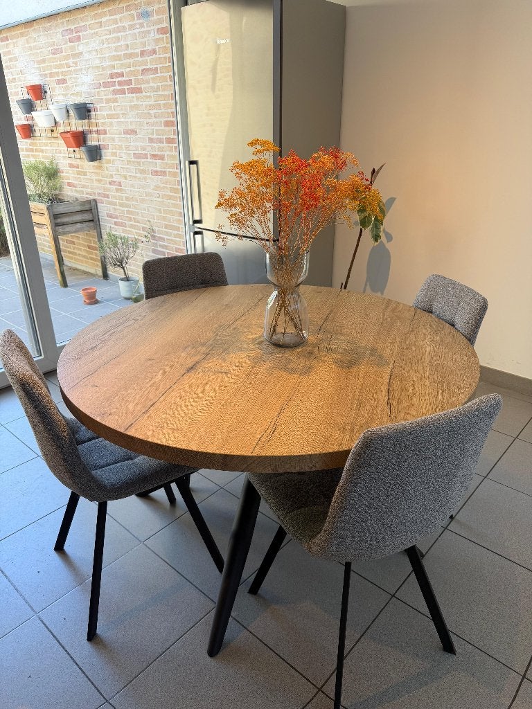 Ronde tafel (diameter 130) + 4 stoelen, Huis en Inrichting, Tafels | Eettafels, Ophalen, Overige materialen, Rond, Zo goed als nieuw