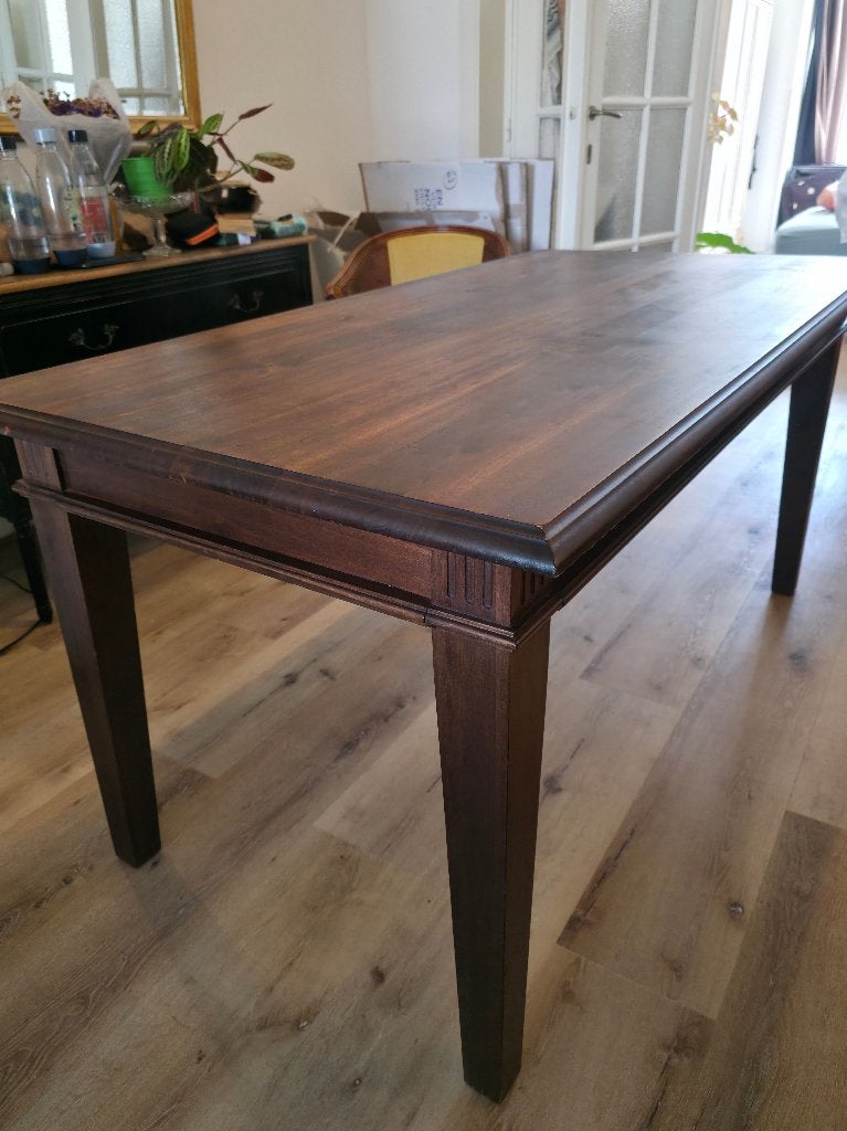 Table à manger - bois massif foncé - tiroir - démontables, Maison & Meubles, 150 à 200 cm, Cinq personnes ou plus, Bois massif teinté brun foncé, détails cannelés et moulures