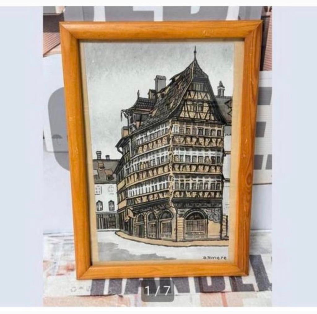1960 schilderij kunst D. Riviere Maison Kammerzell Frankrijk, Antiek en Kunst, Kunst | Schilderijen | Klassiek, Ophalen of Verzenden