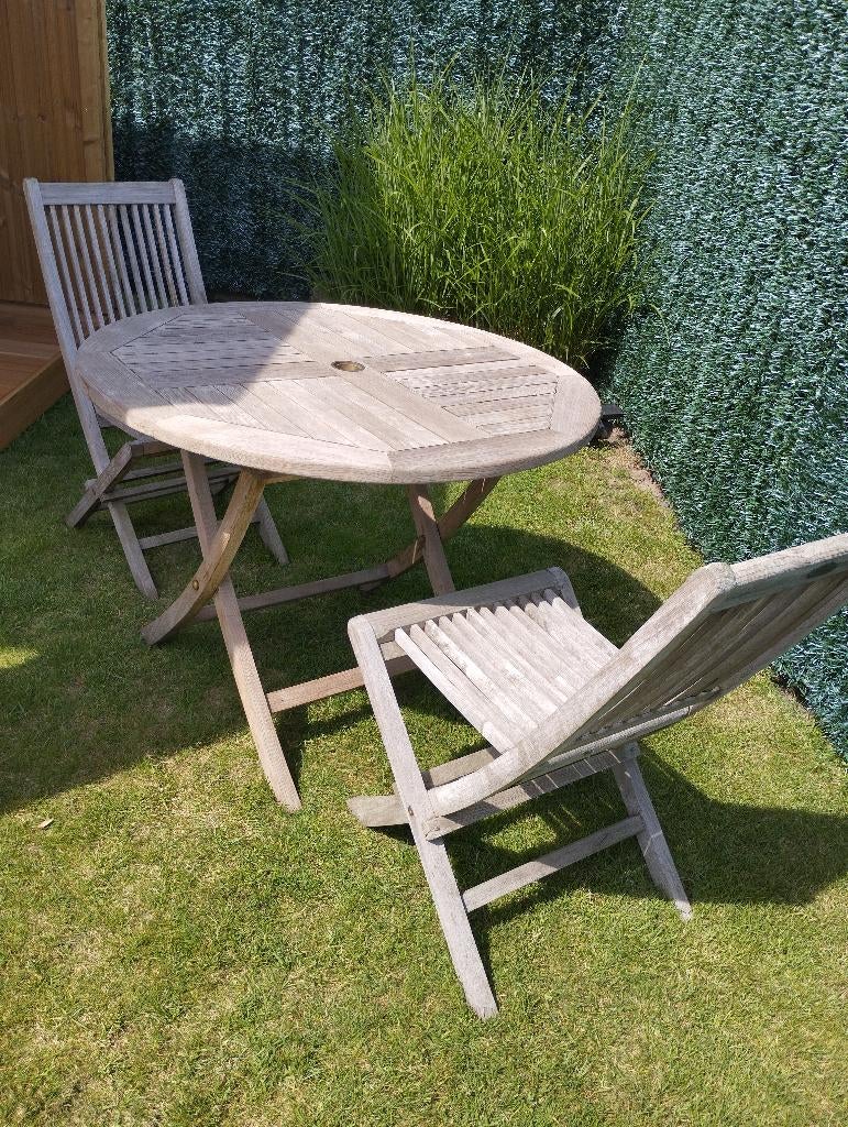 RondeTuintafel en 2 stoelen teak, Tuin en Terras, Ophalen, Gebruikt, Rond, Teakhout