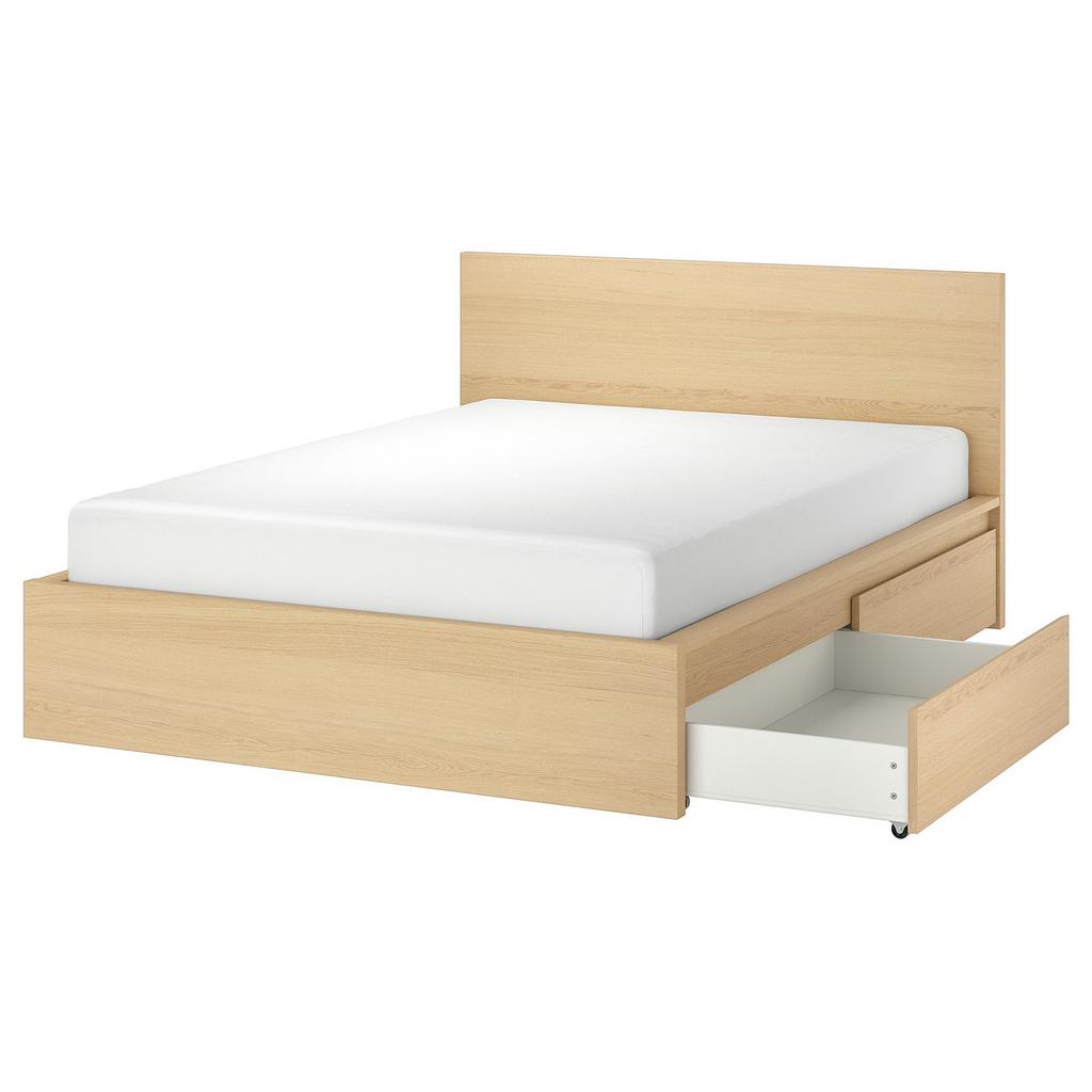 IKEA MALM bed 160x200,  lattenbodems+2 lades,wit eikenfineer, Huis en Inrichting, Slaapkamer | Bedden, Ophalen, Gebruikt, Overige kleuren