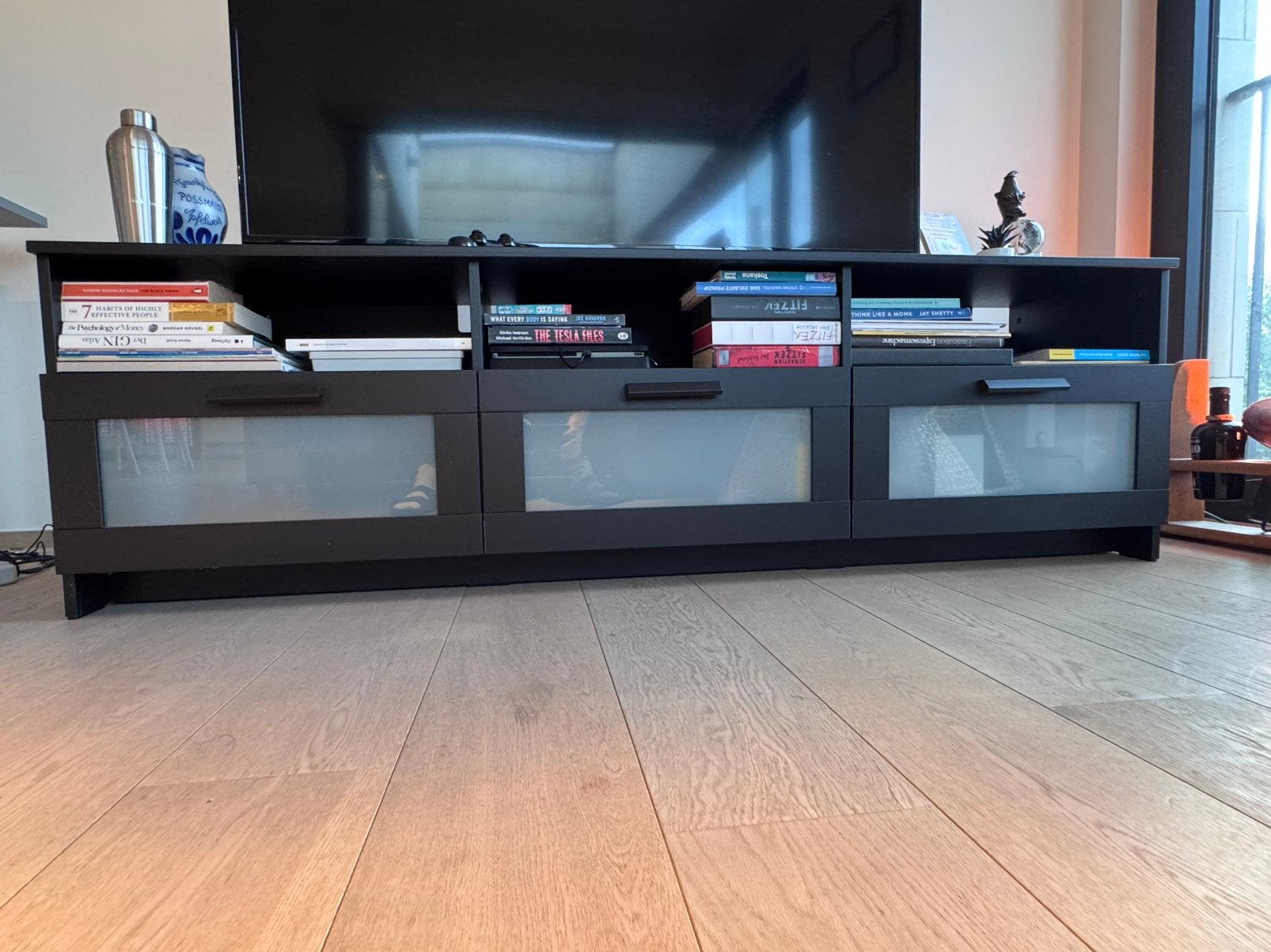IKEA BRIMNES tv-bank - zwart, 3 lades, Ophalen, 150 tot 200 cm, Zo goed als nieuw, Minder dan 100 cm