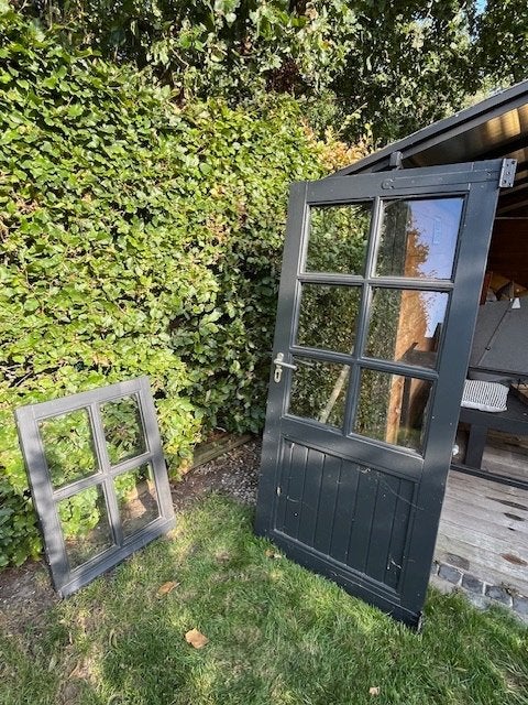 Deur en raam tuinhuis, Tuin en Terras, Ophalen, Gebruikt, Hout, Tuinhuis