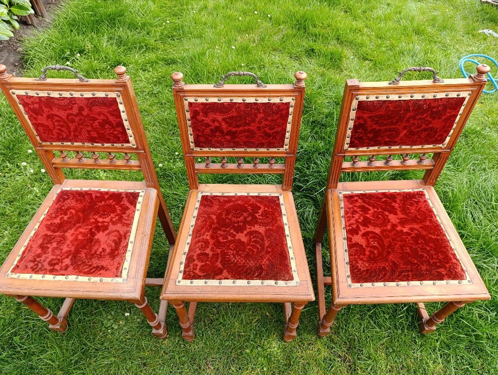 3 chaises Style Henri II - Velours Rouge - XIXe siècle, Ophalen
