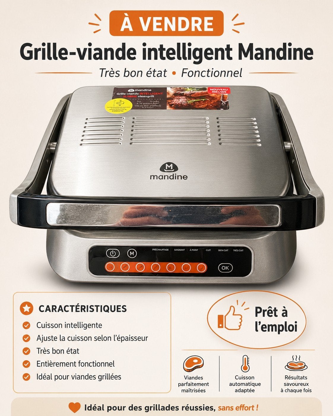 Mandine slimme vleesgrill, Ophalen of Verzenden, Uitneembare platen, Zo goed als nieuw