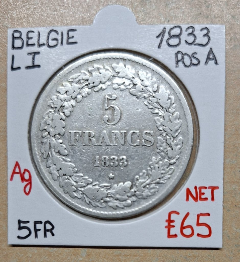 5FR  1833   POS.A    LEOPOLD I     BELGIE    ZILVER    € 65, Enlèvement ou Envoi, Monnaie en vrac, Argent, Argent