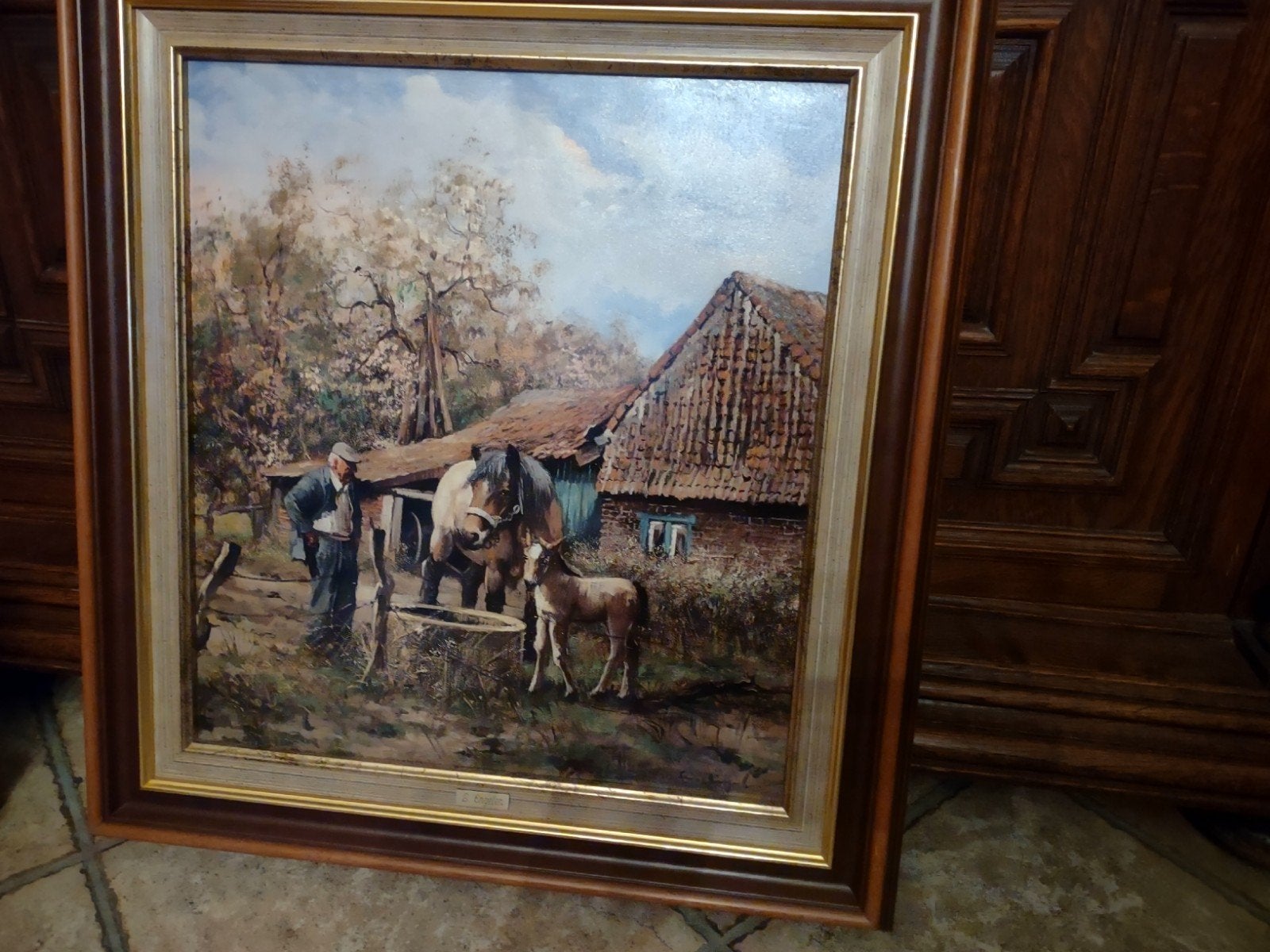 Boer met paard en veulen. Leon Engelen, Antiek en Kunst, Ophalen, Ingelijst, Olieverf