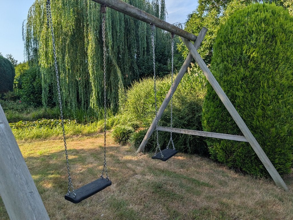 Houten dubbele schommel met RVS kettingen, Ophalen, Gebruikt, Schommel