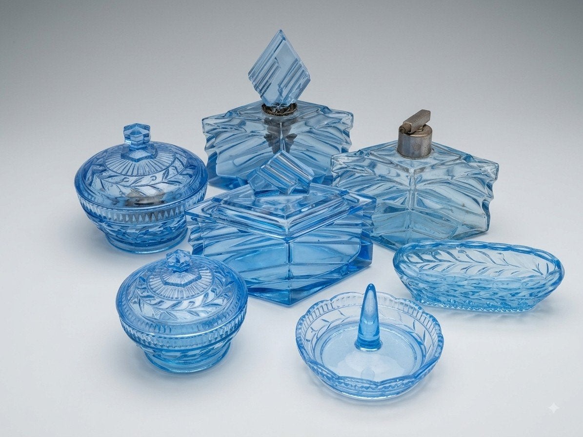Art Déco toiletset blauw persglas, Ophalen