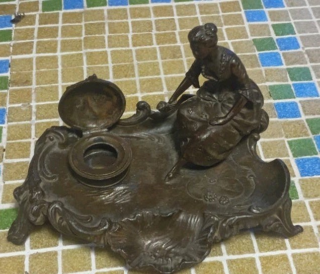 :Antieke Franse Art Nouveau Inktpot (ca. 1900) - Gesigneerd, Antiquités & Art, Enlèvement ou Envoi
