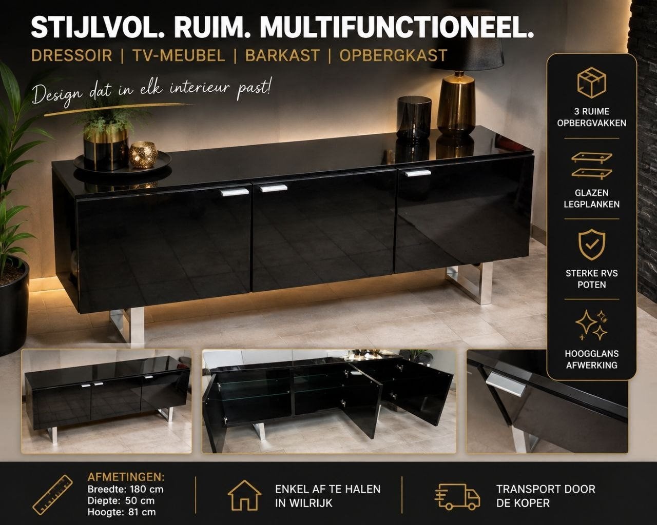 Buffet/meuble TV noir brillant — 180 cm, 25 à 50 cm, Moins de 100 cm, 150 à 200 cm, Comme neuf