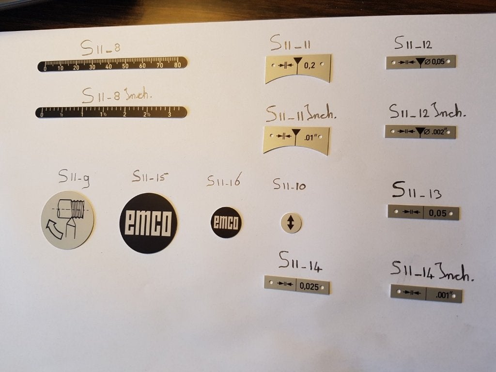 Nieuwe symboolplaatjes voor EMCO Super 11 en EMCO FB2, Doe-het-zelf en Bouw, Ophalen of Verzenden, Nieuw