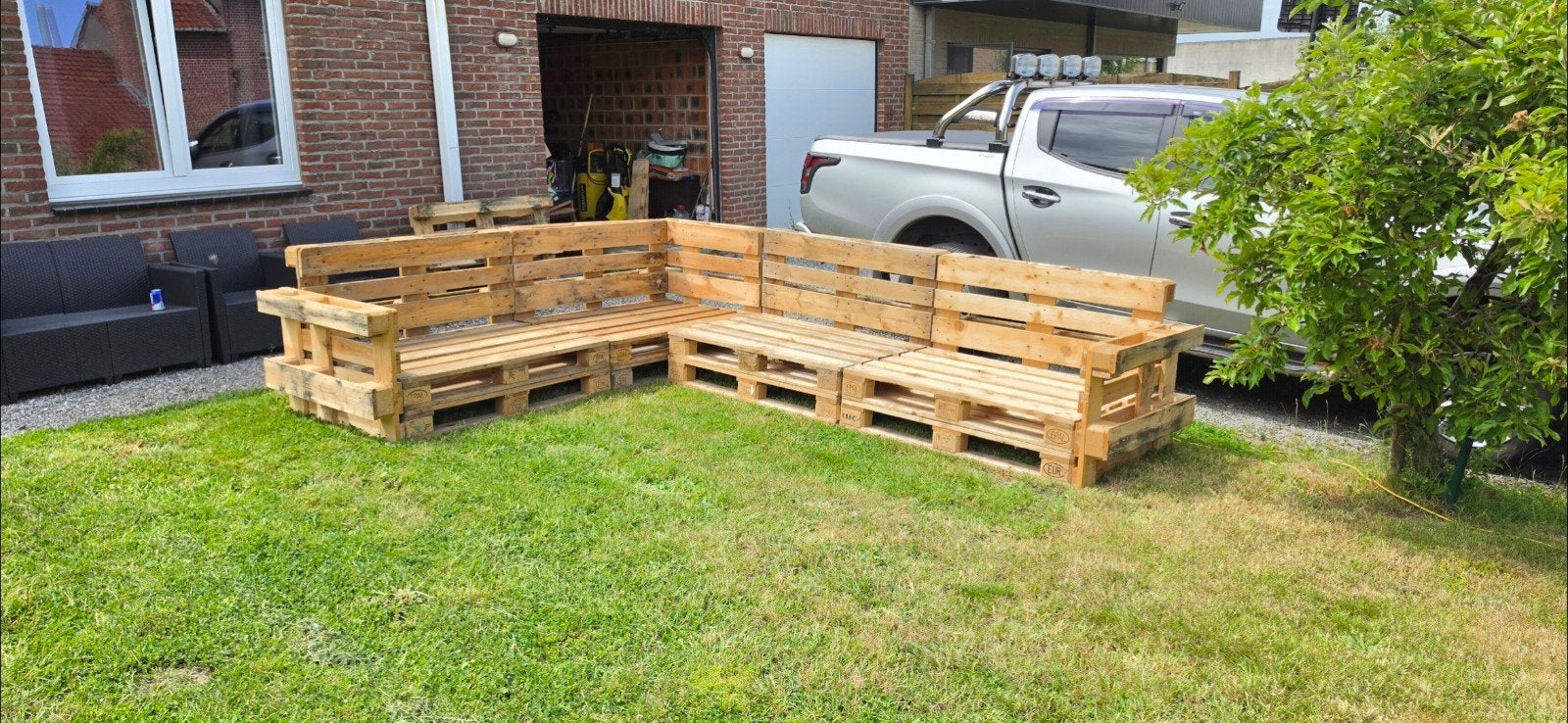 lounge van europaletten inclusief kussens en haspel, Tuin en Terras, Ophalen