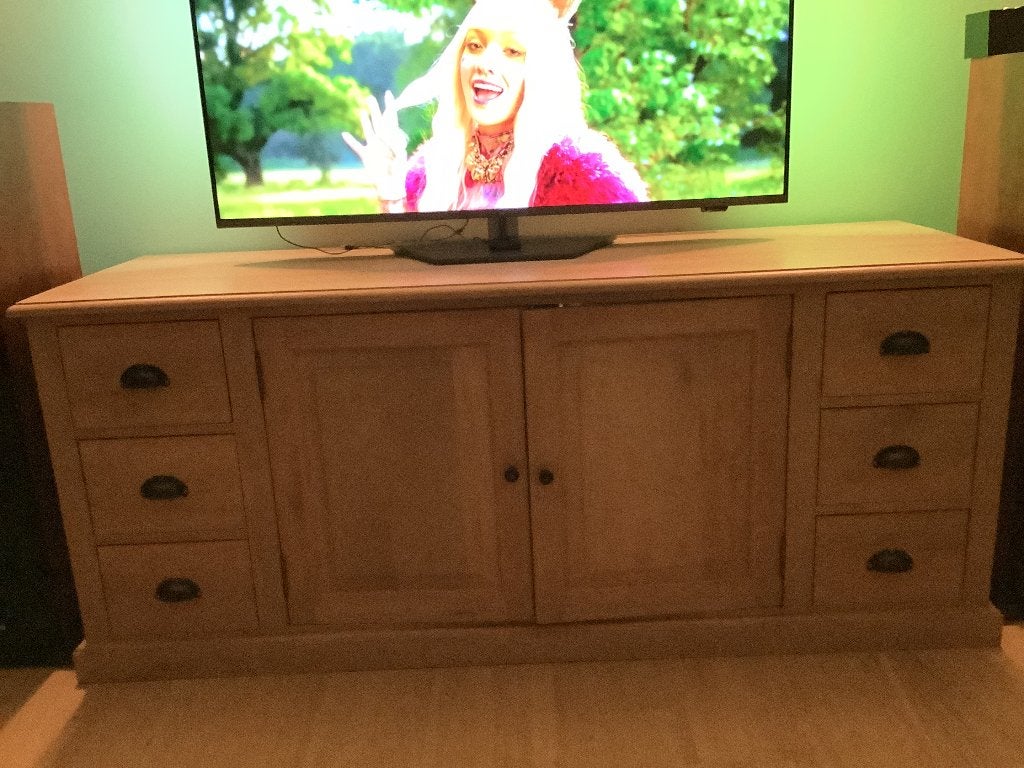 Volle eiken TV meubel, Ophalen, 150 tot 200 cm, Eikenhout, Zo goed als nieuw