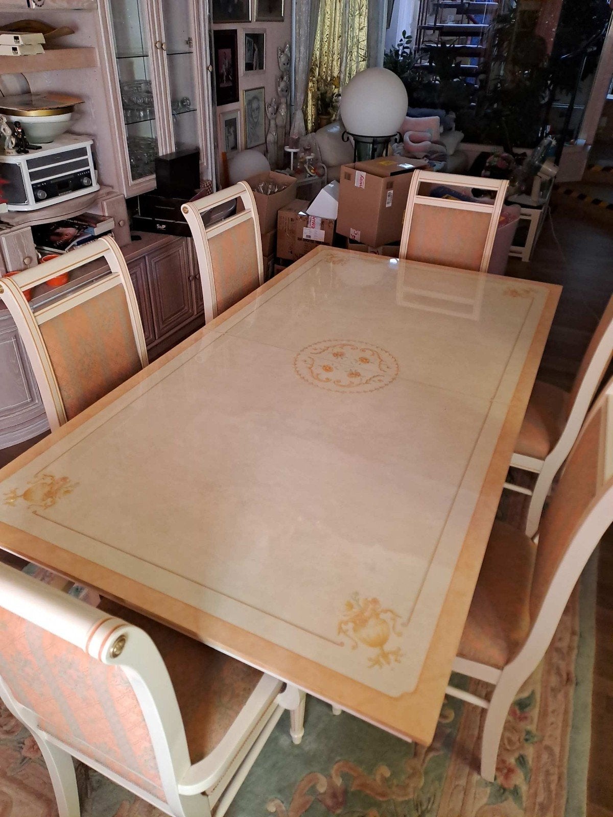 complete hoogglans eetkamer 4 stuks + 6 stoelen, Ophalen, Gebruikt, Engelse Stijl, 4 tot 6 stoelen