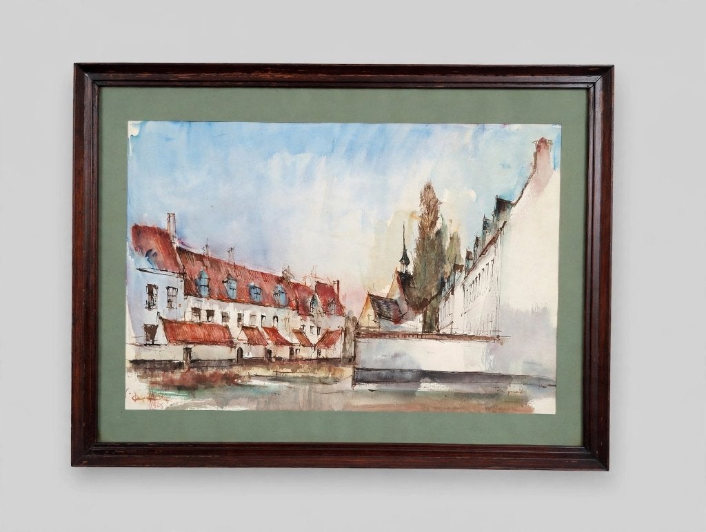 Aquarel José Van Gucht - Begijnhof Diksmuide, Enlèvement, Encadré, Aquarelle