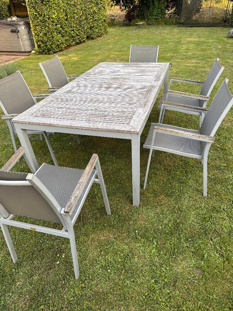 Table de jardin en aluminium avec teck et 6 chaises., Jardin & Terrasse, Enlèvement, Utilisé, Rectangulaire, Bois de teck