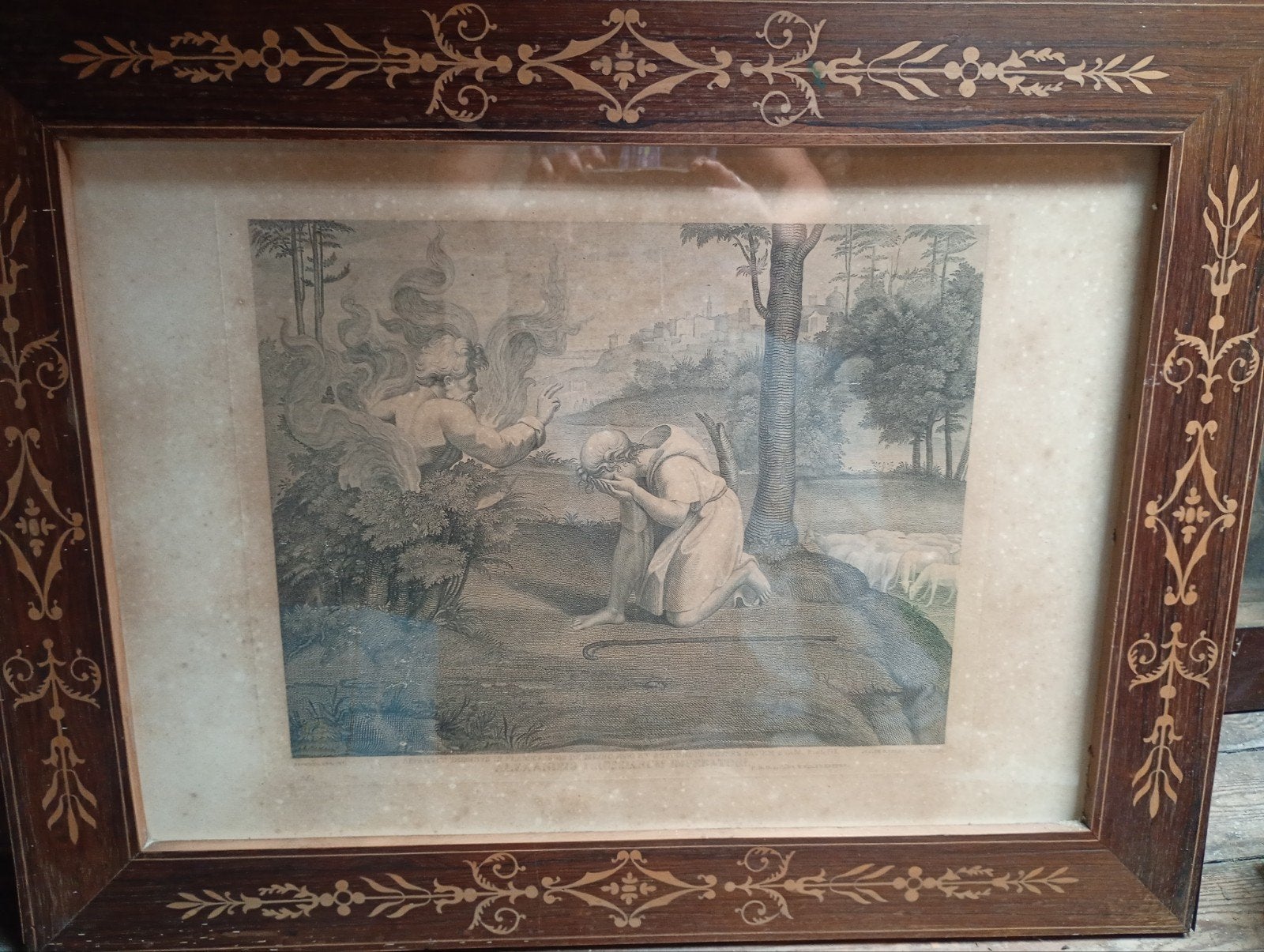 Antieke Meestergravure 1819 "Mozes & Brandend Braambos", Antiquités & Art, Enlèvement, Classique, Sous verre