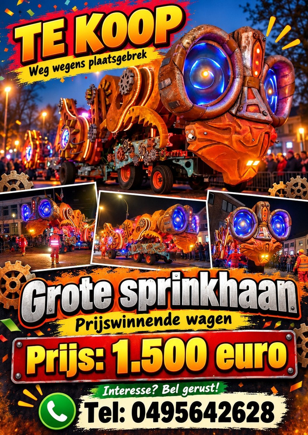TE KOOP GROTE SPRINKHAAN CARNAVALSWAGEN 

 UNIEKE PRIJSWIN, Hobby en Vrije tijd, Ophalen