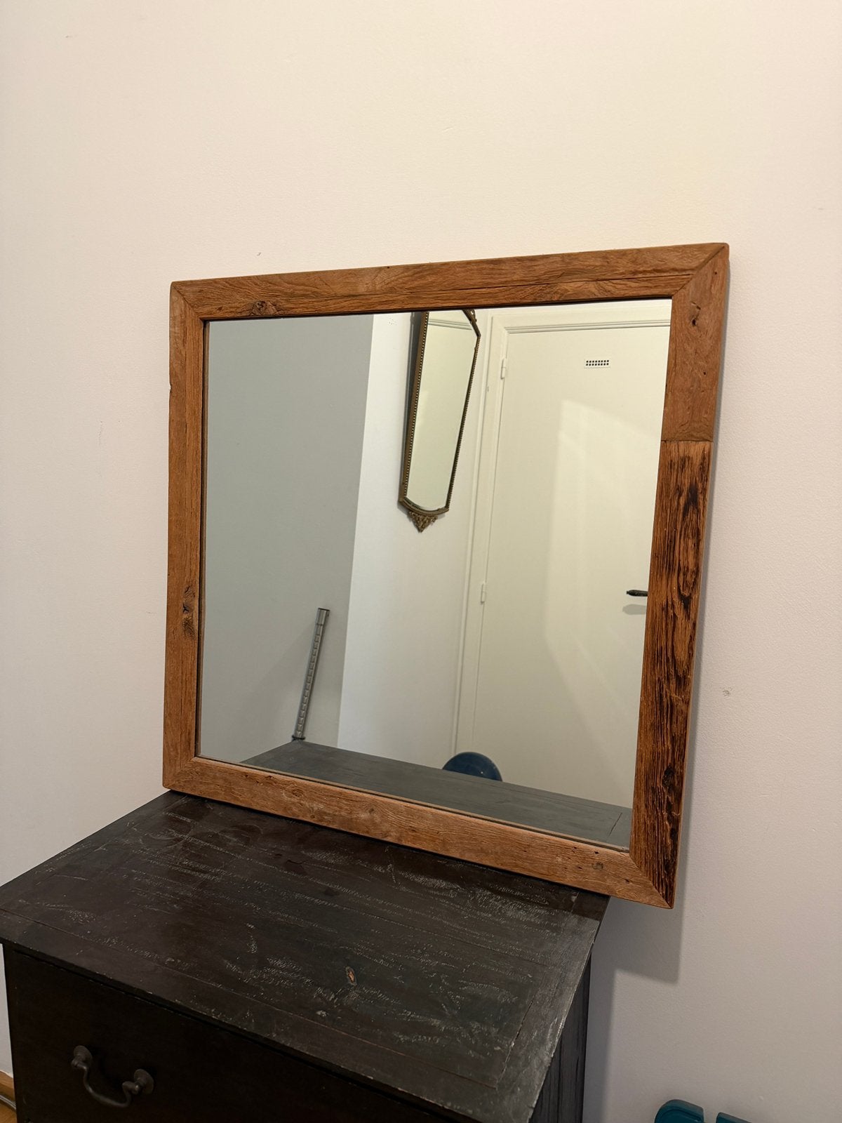 Massief houten spiegel – eiken look – 100 x 100cm, Huis en Inrichting, Ophalen, 100 tot 150 cm, Vierkant, Zo goed als nieuw