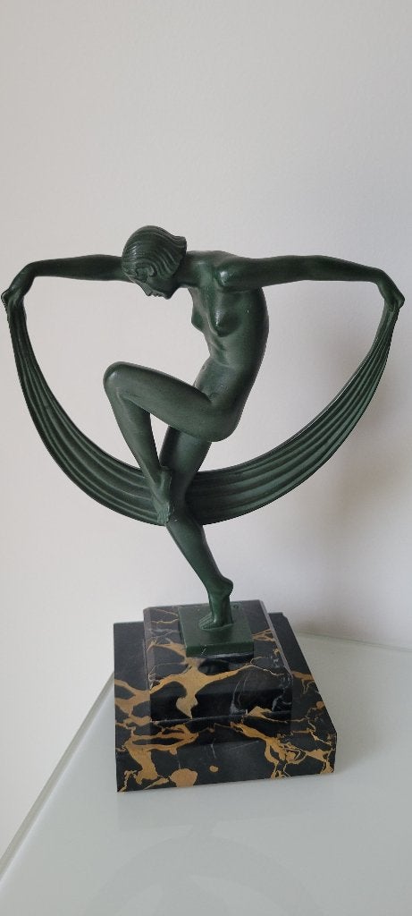 MAX LE VERRIER, Denis - FOLIE 30cm - Régule,  Marbre - 1920, Antiquités & Art, Vert, Statue, Enlèvement ou Envoi, Art deco