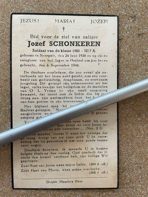 Soldaat klas 1920 III7a Jozef Schonkeren vermoord 6/9/1944, Verzamelen, Bidprentjes en Rouwkaarten, Ophalen of Verzenden, Bidprentje