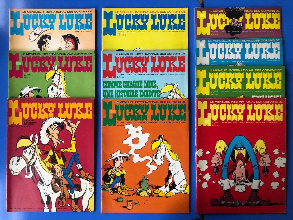 1974 Lucky Luke Mensuel 1 à 10 - très bon état, Boeken, Stripverhalen, Gelezen, Complete serie of reeks, Ophalen