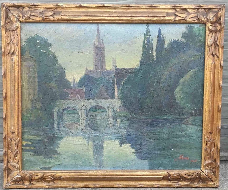 Huile sur toile bruges signe Fernand lienaux, Antiquités & Art, Enlèvement ou Envoi, Toile